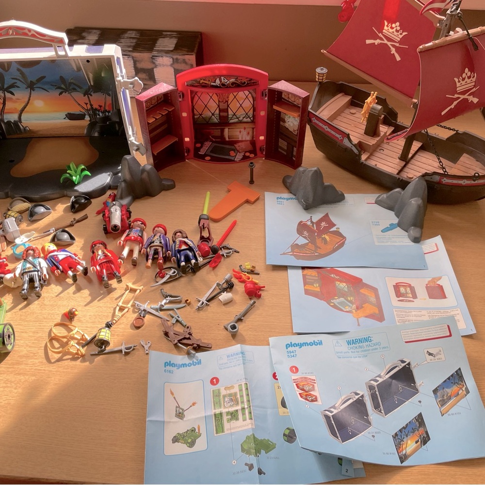 Playmobil pirate ship, pirate take along set plus add ons.